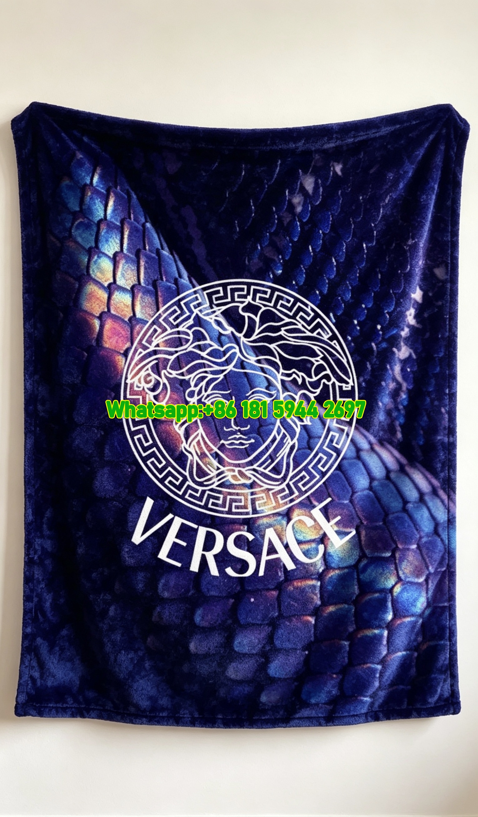 Deep Purple and Blue Versace Snake Skin Medusa Print Fleece Throw Blanket IMG_1379